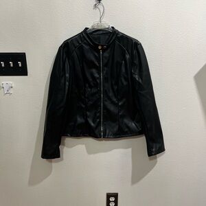 Black Faux Leather Jacket with Glossy Finish and Structured Silhouette